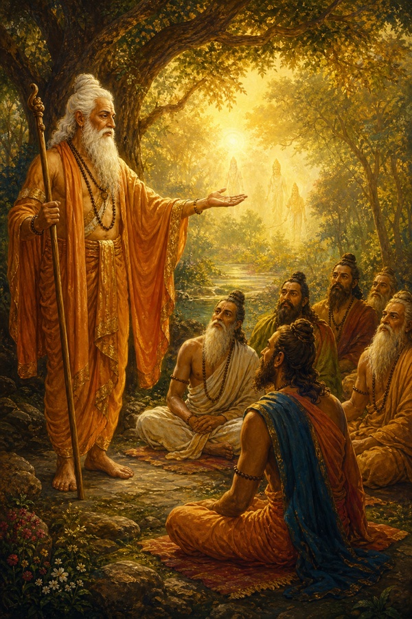 The oldest white-bearded sage standing with a staff, one hand extended, speaking a single line to seated rishis who fall utterly silent and gaze at him; a faint golden radiance suffuses the grove suggesting all-is-Brahman, jewel-toned classical Indian painting, dignified, no text