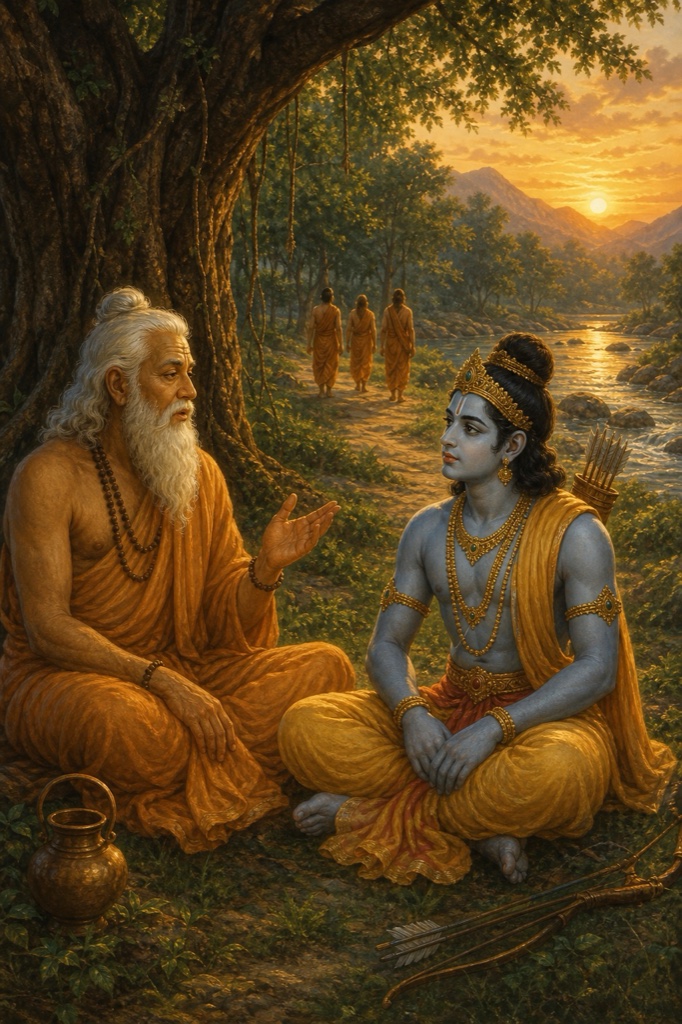 Sages departing one by one along a sunlit forest path that recedes into the distance, suggesting generations passing the teaching forward; the path glows in the morning sun while a few rishis remain seated under trees, serene classical-Indian color illustration, dignified, no text