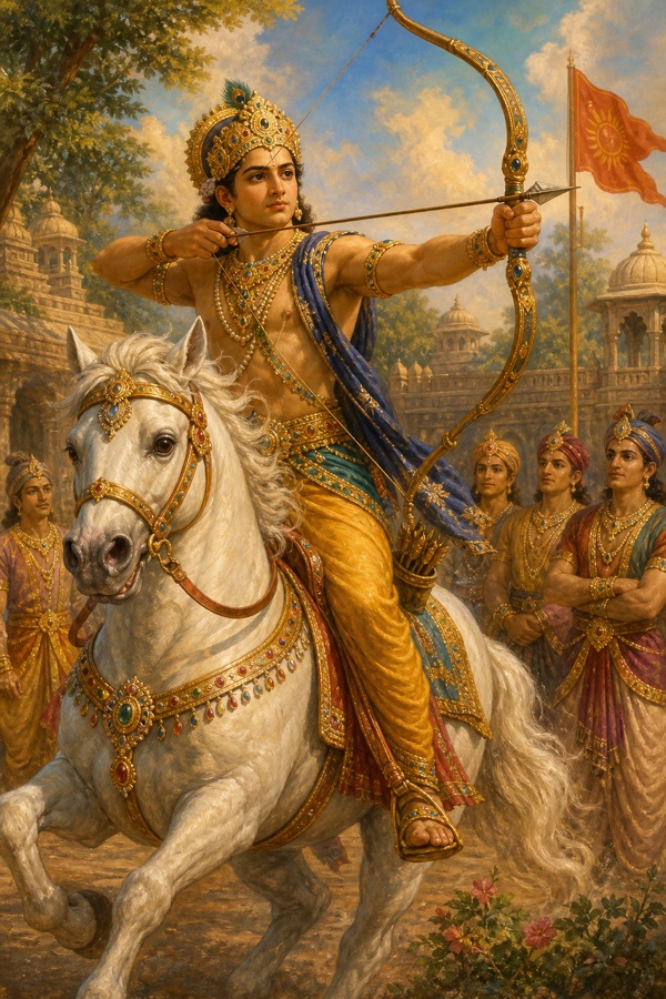 Young prince Hemachuda, richly jeweled, rides a spirited horse and draws a bow on a palace training ground, attendants watching, sunlit Indian-miniature style