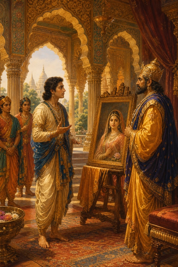 Prince Hemachuda stands gazing intently at a framed portrait of Hemalekha on an easel, turning to question his crowned father in an arched palace hall