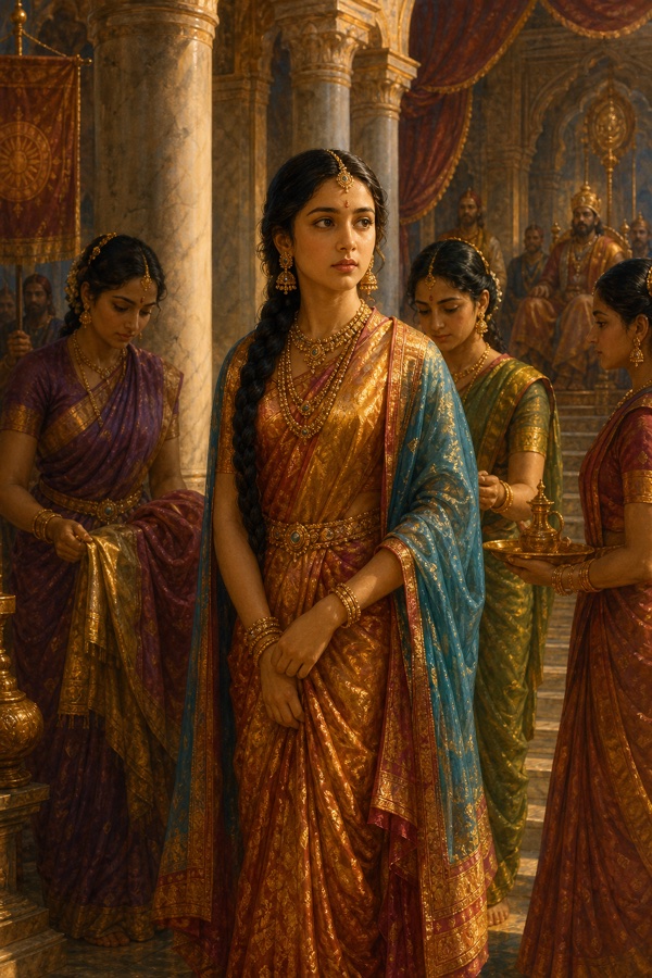 The slender, simply-braided Hemalekha arrives at the royal palace in courtly silks she wears uneasily, attendants and marble columns around her, her eyes steady and questioning