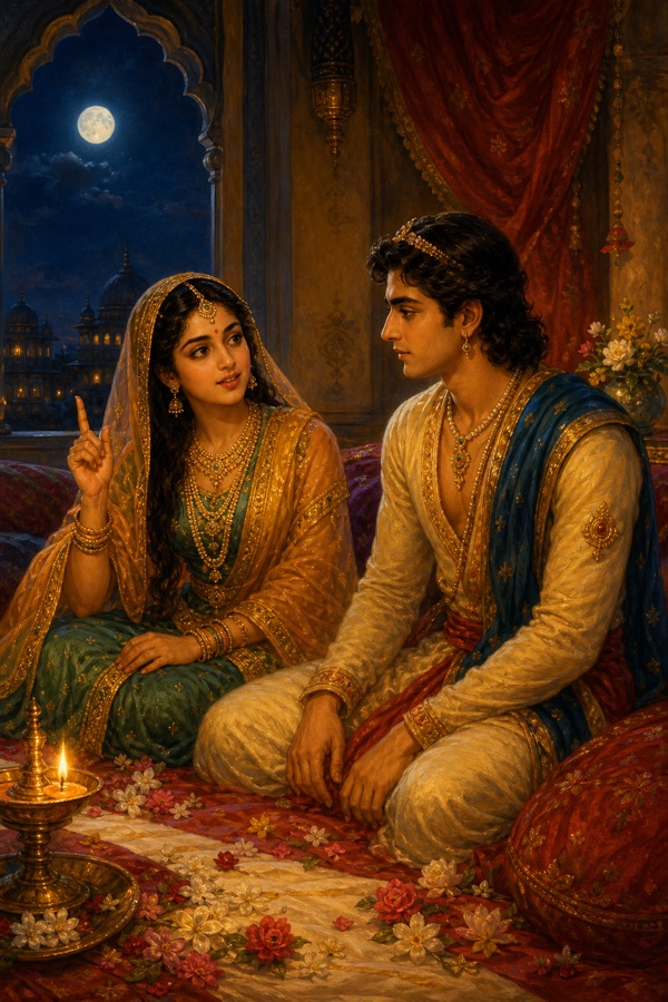 On the flower-strewn wedding-night bed in a moonlit chamber, Hemalekha gently raises a finger asking her first question while Hemachuda listens, an oil lamp glowing