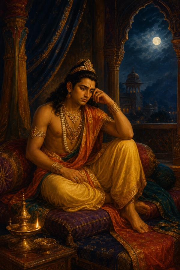 Hemachuda sits awake alone through the night on cushions, brow furrowed in thought, a single lamp burning, palace darkness and a moonlit window behind him