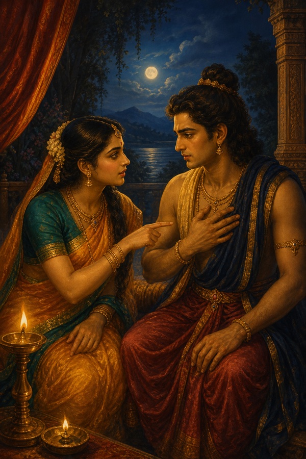 Hemalekha and Hemachuda in close night dialogue, she pointing toward his own body as he touches his chest pondering 'am I this body?', lamplit intimate scene