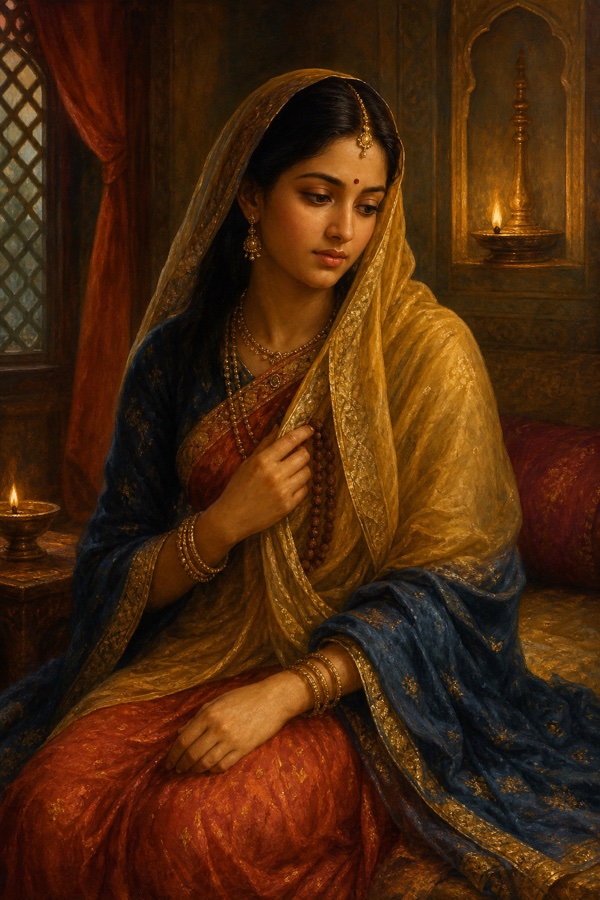 Hemalekha, mid-teaching, secretly fingers her hidden rudraksha mala beneath her silk dupatta, a flicker of inner doubt on her face, soft lamplight, quiet self-recognition