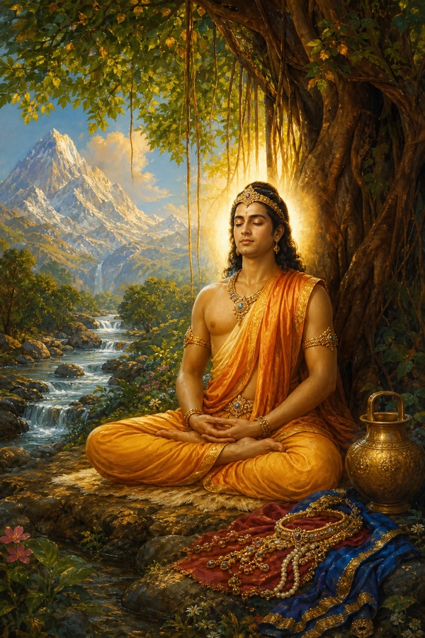 Hemachuda in deep meditation under a great tree by a mountain stream, eyes closed, a luminous still awareness suggested behind his stilled form, jewels and a water pot set aside