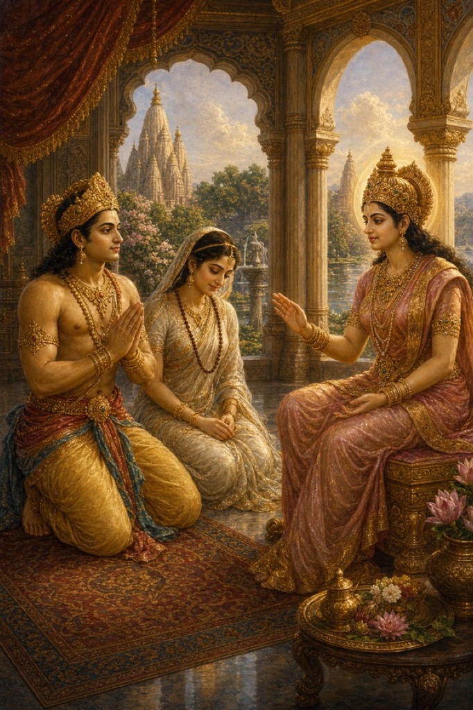 Hemalekha's radiant apsara mother, regal and celestial, sits speaking tenderly to bowed Hemachuda and Hemalekha in a palace pavilion, gardens and distant peaks behind