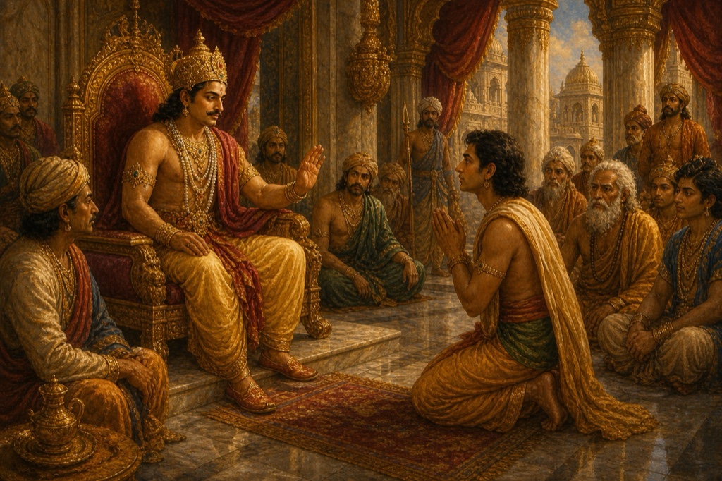 Elderly teacher Hemachuda in simple cloth at his humble thatched pathshala by a river, gently directing a seeking young man to look within, other students seated around