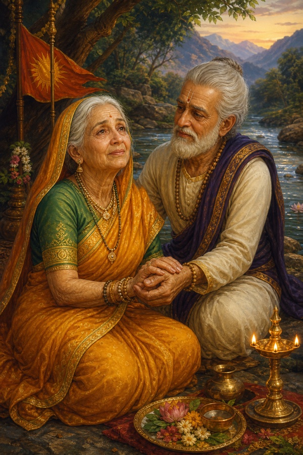 Aged Hemalekha opens tear-filled eyes after deep contemplation, having forgiven her mother, while elderly Hemachuda holds her hand by a stream, a lamp and ritual items nearby