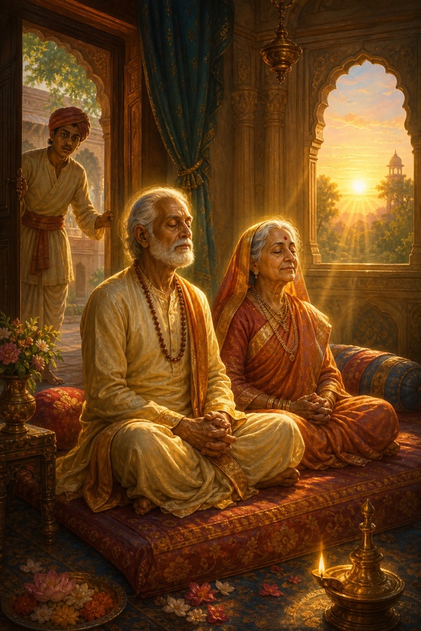At dawn a servant discovers aged Hemachuda and Hemalekha seated together, hands clasped, faces serene and at peace, breath gone, soft morning light filling their old chamber