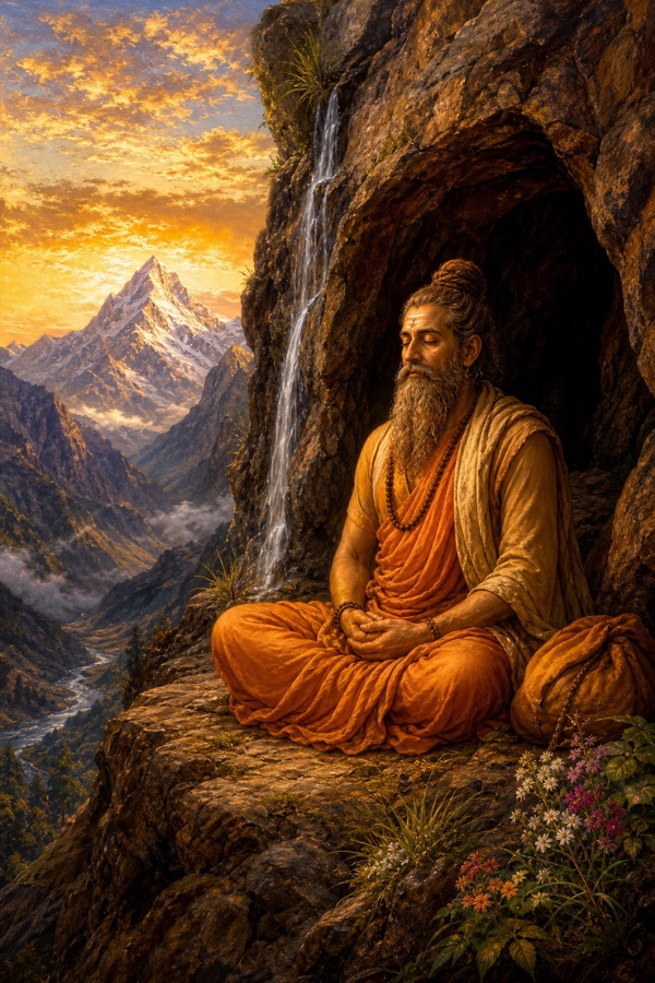 A lone bearded yogi-magician seated alone at the mouth of a mountain cave on a rocky slope, a thin waterfall and tufts of grass nearby, distant peaks; classical Indian miniature in rich earthy color, solitary and quiet, no text.
