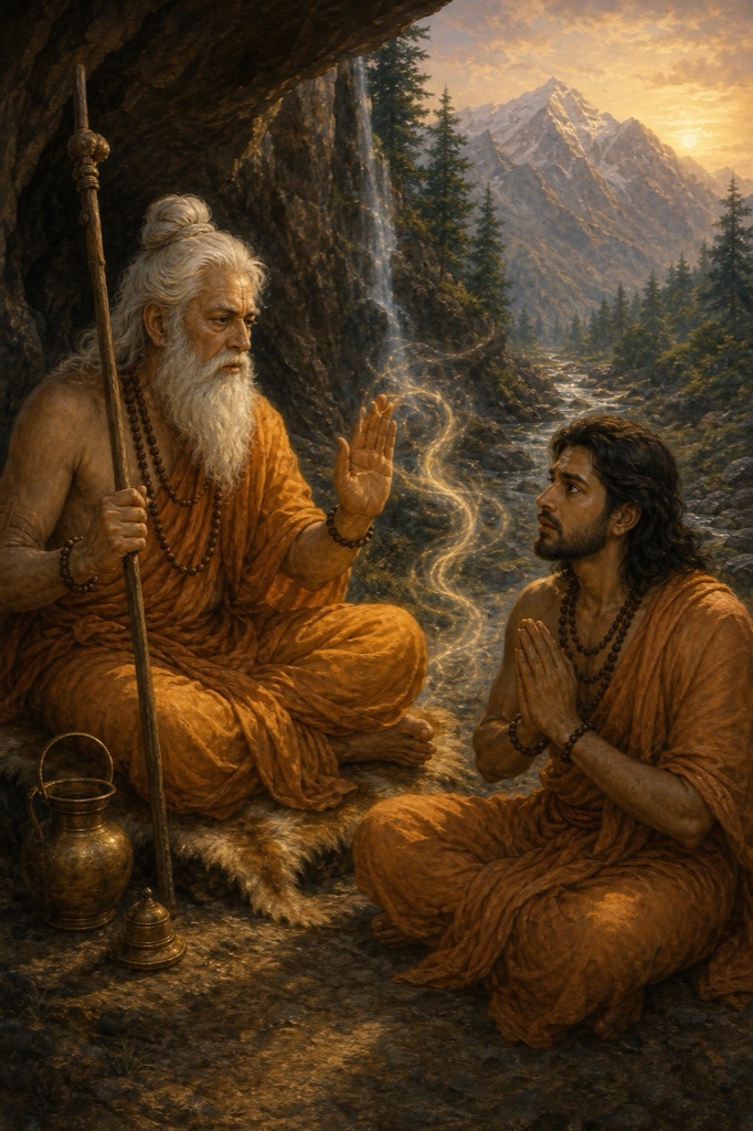 An old white-bearded guru with raised cautioning hand instructing his younger seated disciple Hetuka beneath a tree, a faint ghostly palace-city looming behind them as a warning; warm jewel-tone Indian miniature, dignified, no text.