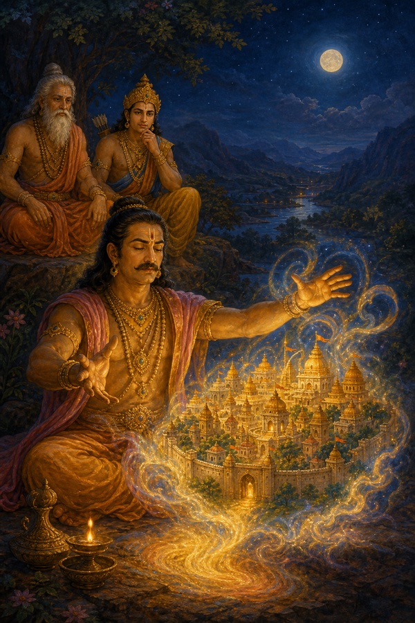 Hetuka the magician seated cross-legged at night, eyes closed, hands sweeping outward, conjuring a glowing walled city of temples and palaces rising out of swirling light before him; luminous color, miniature style, no text.
