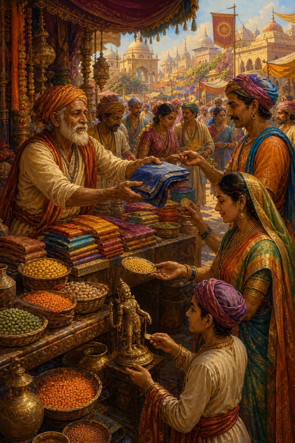 A wondrous bazaar in the conjured city with an old shopkeeper at a shifting stall handing different goods (cloth, lentils, a small idol) to different customers, each paying one copper coin; bright crowded Indian market miniature, no text.