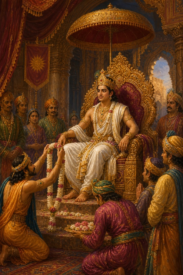 Hetuka enthroned as a crowned young king in white silks and jewels under a royal parasol, courtiers bowing and offering garlands in an ornate palace hall; opulent gold-and-crimson Indian court miniature, dignified, no text.