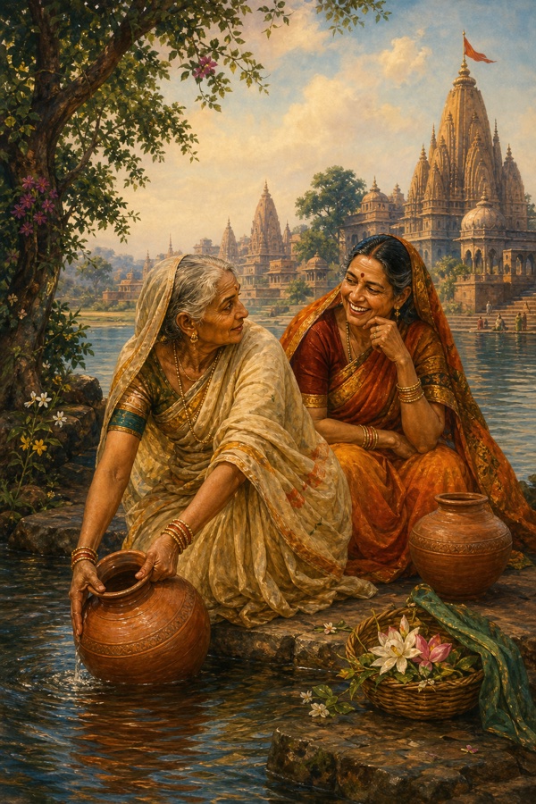 An old woman filling her clay water-pot at a riverbank, turning to murmur to her companion friend who laughs, the city's temple spires behind under soft light; tender intimate Indian miniature with riverside greens and blues, no text.