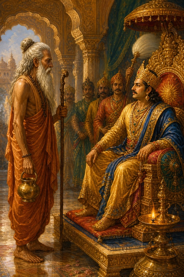 An old thin long-bearded ascetic with staff and water-pot standing before the crowned king Hetuka on his jewelled throne in an arched palace hall, attendants behind, a lamp glowing; charged eye-to-eye encounter, rich Indian court miniature, no text.