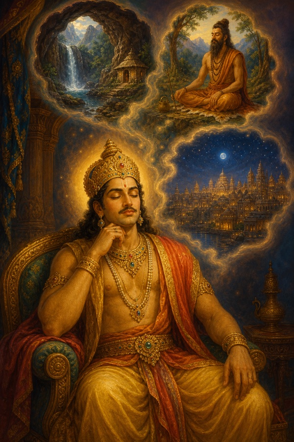 King Hetuka seated with eyes closed as luminous memory-visions float around his head: a small mountain cave by a waterfall, the lone ascetic, a starry night of conjuring the city; introspective Indian miniature, soft glowing recollection, no text.