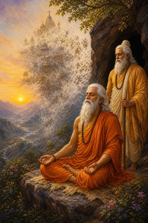 An aged white-haired Hetuka opening his eyes in meditation outside his mountain cave, the conjured royal city dissolving into mist behind him, the old ascetic guru standing nearby; serene dawn-toned Indian miniature, peaceful return, no text.