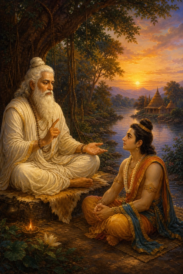 Sage Vasistha, white-bearded in pale robes, seated under a tree teaching the young prince Rama who listens attentively, a riverside hermitage at twilight, painterly classical-Indian color, dignified, no text
