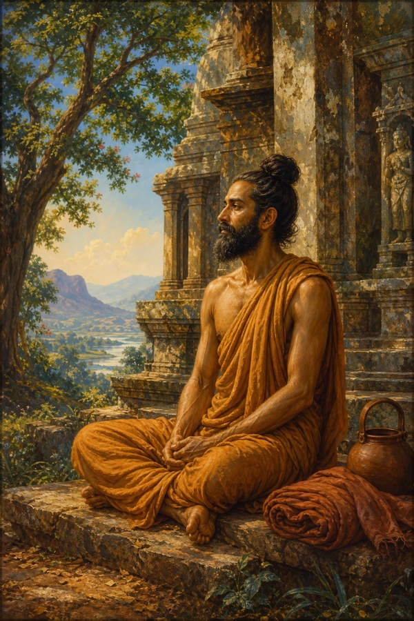A gaunt nameless mendicant in simple ochre cloth sitting outside an old weathered stone temple, his water-pot and blanket beside him, soft daylight, painterly classical-Indian color, dignified, no text