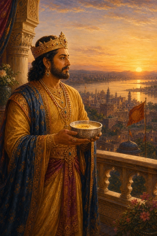 King Purugupta of Magadha, crowned and middle-aged, standing on the balcony of his seven-storey palace before sunrise holding a silver bowl of saffron milk, city and river beyond, painterly classical-Indian color, dignified, no text