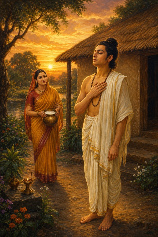 The brahmin Vaidarbha in white, right hand on his chest softly reciting a mantra at dawn before his small mud-walled thatched hut, his wife standing nearby holding milk, painterly classical-Indian color, dignified, no text