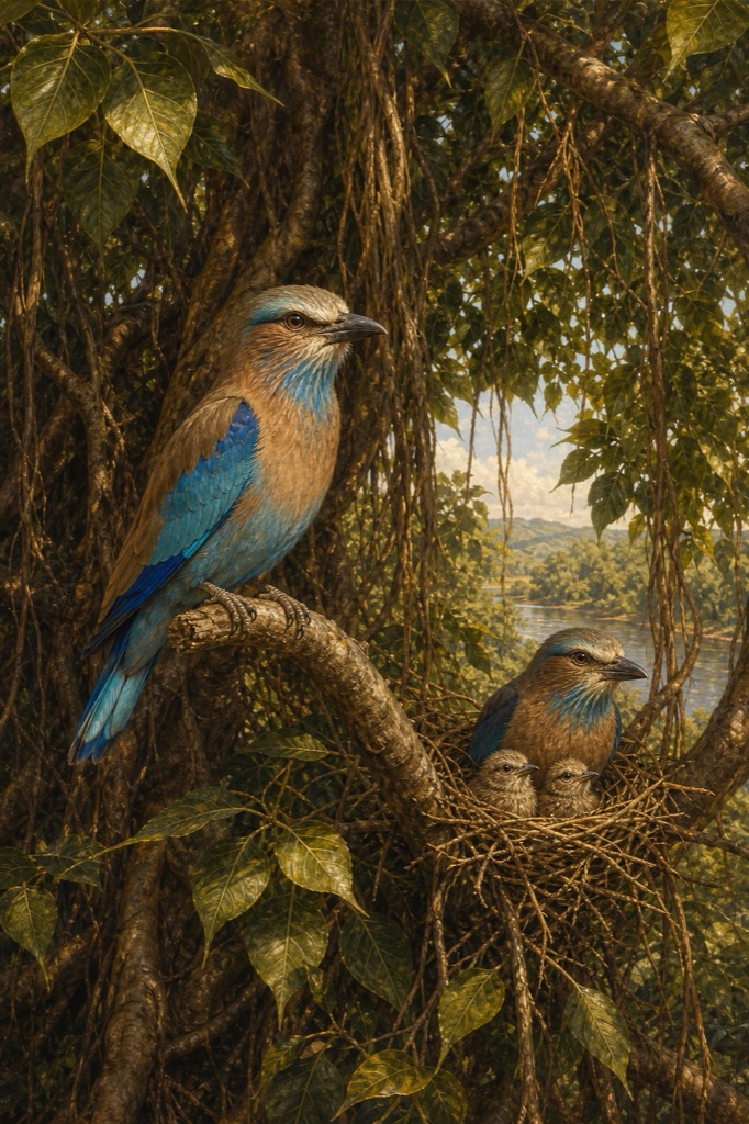 A blue-throated roller bird with brown wings tinged pale blue, perched on a vast ancient banyan tree of countless leaves, its mate and chicks nearby, painterly classical-Indian color, dignified, no text