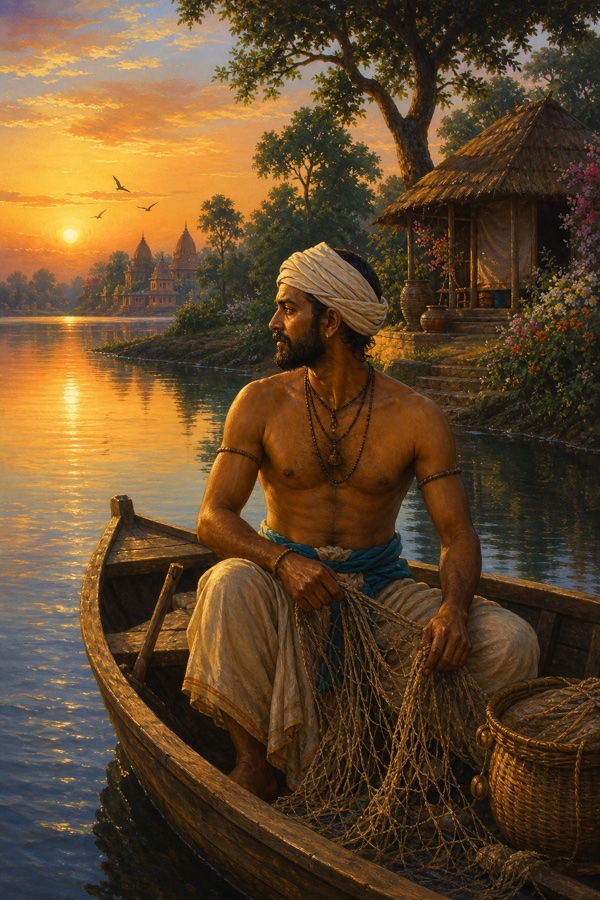 The fisherman Kumbhaja in a headcloth sitting at dawn in his small boat on the calm Yamuna north of Mathura, net in hand but not cast, his thatched hut on the bank, painterly classical-Indian color, dignified, no text