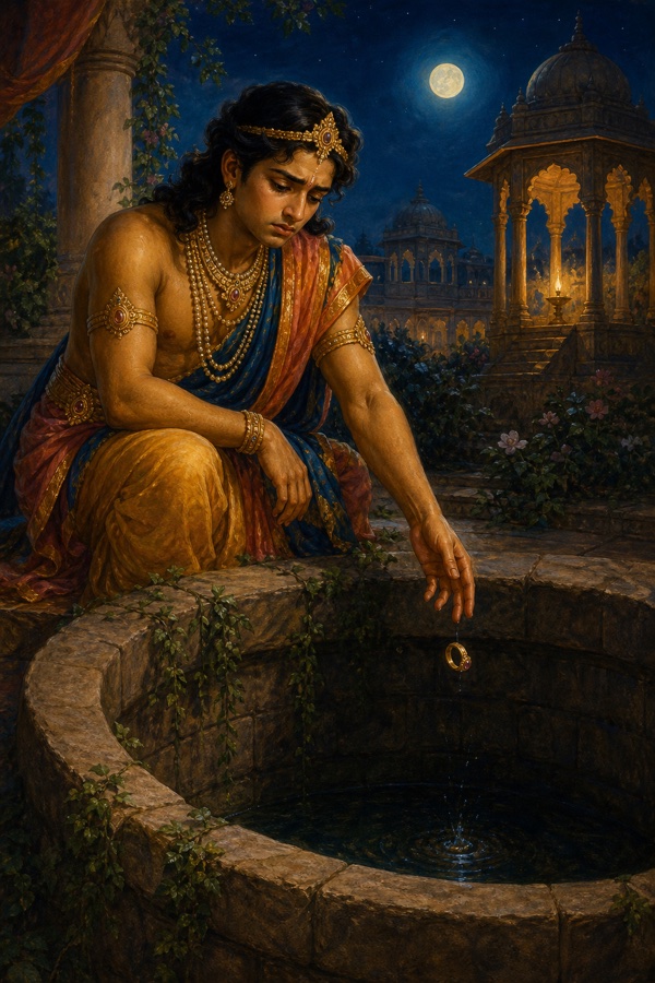 Prince Vasu of Pataliputra at night, grieving, slipping his ring off his finger and dropping it into a stone well in a moonlit palace courtyard, painterly classical-Indian color, dignified, no text