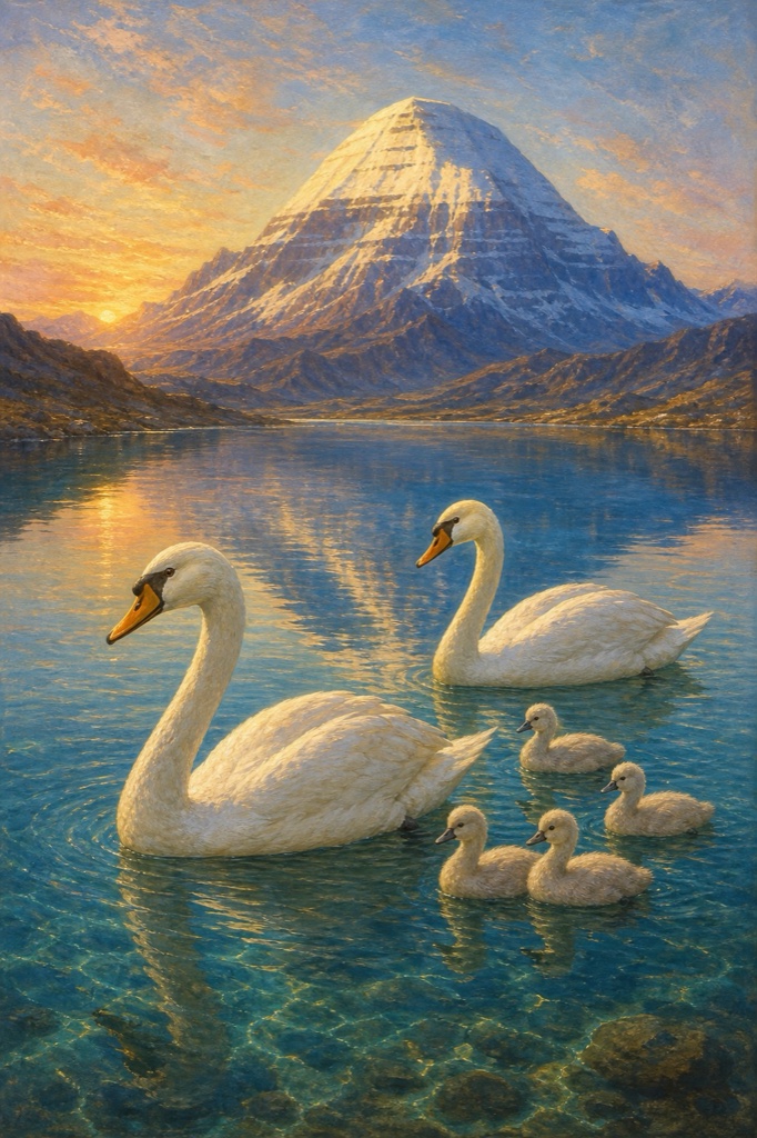 A white swan with yellow-orange beak gliding on the crystal-clear waters of Lake Manasarovar, snow-capped Mount Kailash rising behind, its mate and downy cygnets nearby, painterly classical-Indian color, dignified, no text