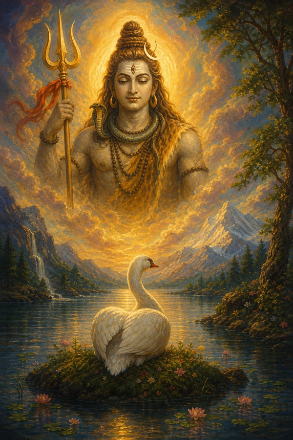 The swan on a small island gazing inward as a luminous timeless figure of Rudra (Shiva) appears in vision, holding a trident with a third eye on his forehead, very ancient and still, painterly classical-Indian color, dignified, no text