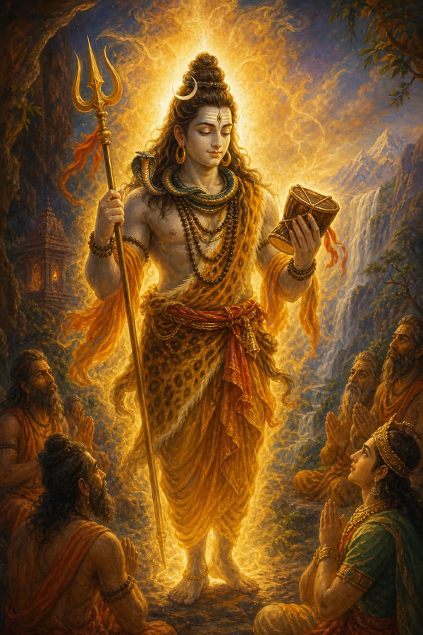 Rudra awakened in a radiant body of light gazing at his own hands, a trident in one hand and a damaru drum in the other, a closed third eye on his forehead, painterly classical-Indian color, dignified, no text