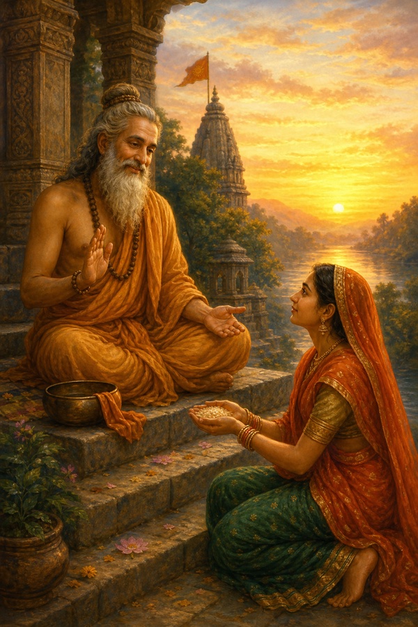 The awakened mendicant on the temple steps in dawn light, smiling and speaking gently to a young woman offering grain in her hands, his alms bowl beside him, sunrise behind, painterly classical-Indian color, dignified, no text