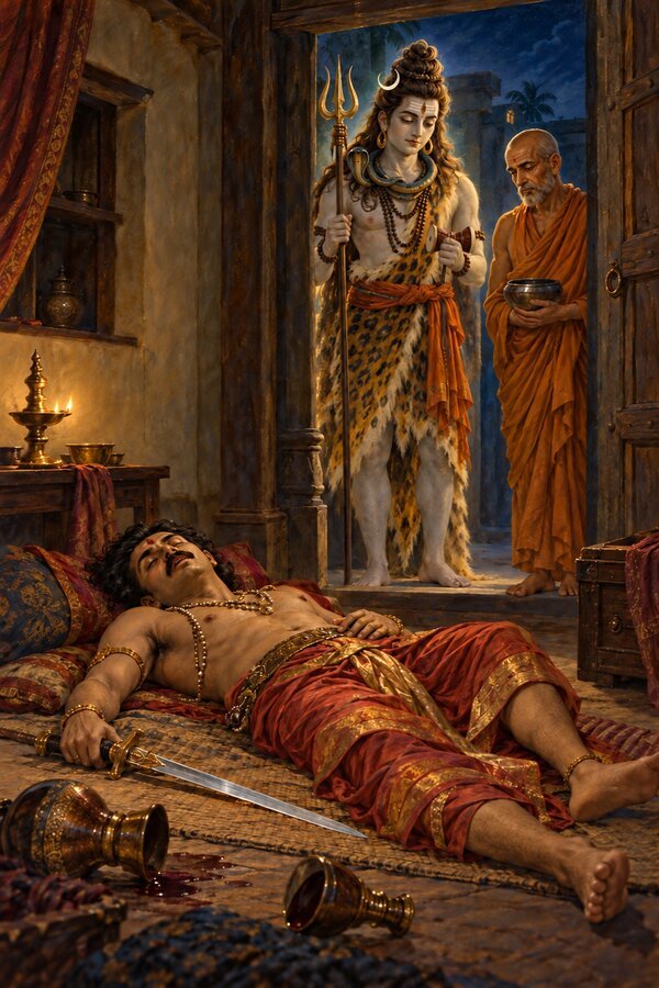 At night Jivata lies asleep with a sword in his hand as the Rudra and the ochre-robed mendicant look down at him from the door.