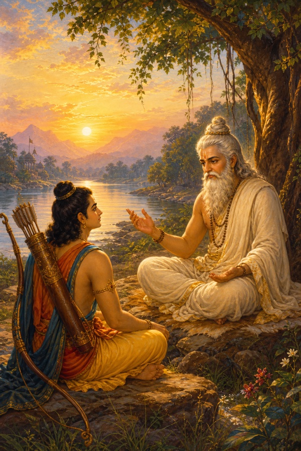 The white-bearded sage Vasistha in pale robes seated on a riverbank by the Sarayu at dawn, gently teaching the young prince Rama who sits before him with bow and quiver, soft golden light, classical Indian miniature color illustration, dignified, no text