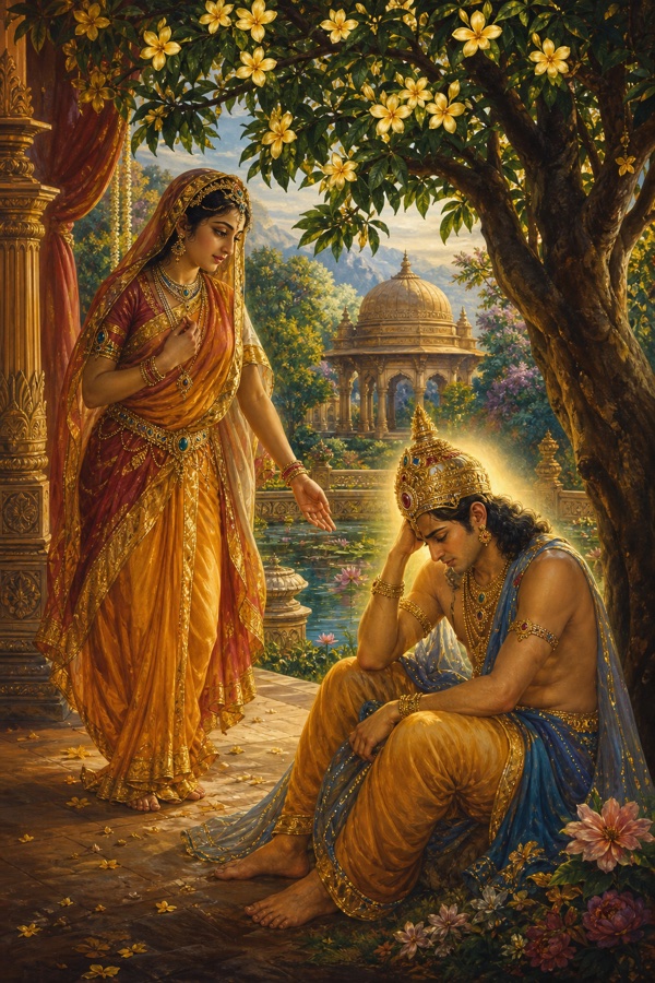 Queen Ahalya in a flowing sari pausing beneath a flowering champa tree in a lush palace garden, encountering the weary deva Indra who sits alone on the ground, eyes downcast, faint glow about him, jewel-toned Indian painting, dignified, no text