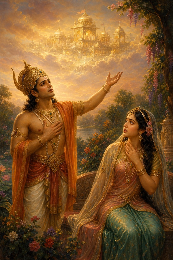 The deva Indra confessing his weariness, gesturing toward a faint vision of an opulent but empty heaven above him, while Ahalya listens with surprise in the garden, warm twilight palette, classical Indian color illustration, dignified, no text