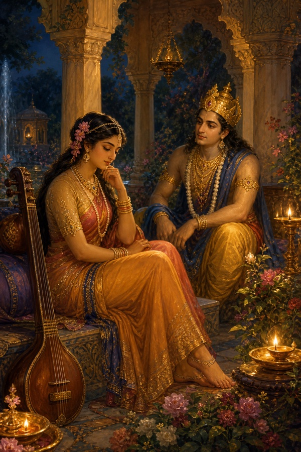 Ahalya seated in a lamplit garden pavilion lowering her eyes shyly while the deva Indra gazes at her tenderly, her veena resting nearby, oil lamps glowing, intimate jewel-toned Indian miniature, dignified, no text