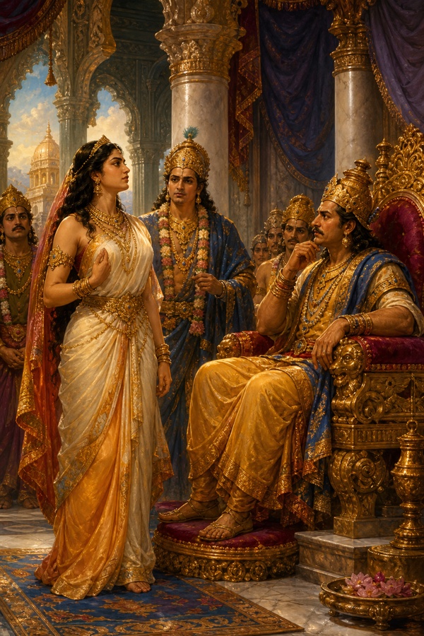 Ahalya standing upright and unbowed in a marble palace court, speaking boldly straight into the eyes of the seated King Indra on his throne, the deva Indra beside her, courtiers watching tensely, dramatic color palace painting, dignified, no text