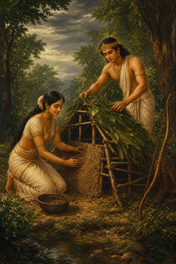 Ahalya and the deva Indra in simple worn clothes building a small leaf-and-mud hut in a dense forest clearing, hunting bow leaning nearby, green woodland and overcast sky, earthy color Indian illustration, dignified, no text