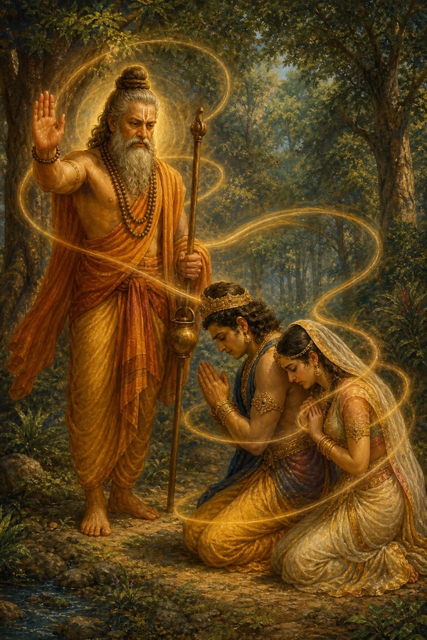 The forest sage Bharata with staff, water-pot and rudraksha beads raising his hand to pronounce a curse upon the kneeling couple Ahalya and Indra at a woodland clearing, swirling aura of binding fate, classical color illustration, dignified, no text