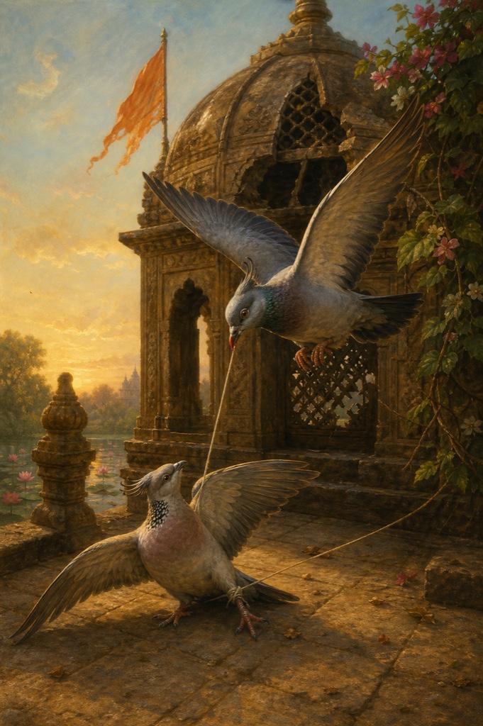 A male crested pigeon descending to a temple courtyard to gnaw a kite-string entangling his mate's foot, his beak bloodied with effort, broken stone temple dome above, tender color Indian wildlife painting, dignified, no text