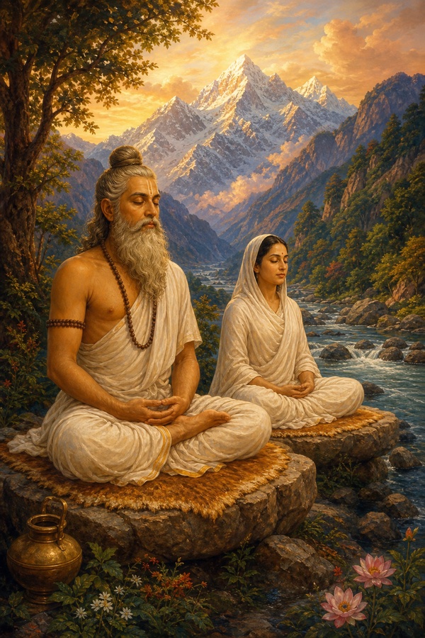An aged male ascetic and female ascetic in white cloth seated in padmasana on separate stone seats by a Himalayan riverbank, eyes closed in deep samadhi, serene faces, soft luminous mountain light, classical color illustration, dignified, no text