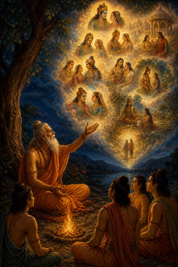 The elderly sage Bharata seated under a tree by a small night fire, gazing up at a luminous montage of the couple's many past-life pairings dissolving into light, teaching his attentive disciples, contemplative color illustration, dignified, no text