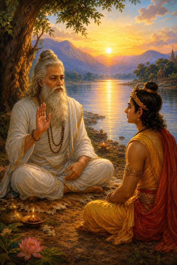 Painterly classical Indian color illustration of the sage Vasistha in white robes seated cross-legged on the Sarayu riverbank at dawn, one palm raised in a teaching mudra, facing young prince Rama who sits attentively; soft golden sunrise on the water, distant blue mountains, small oil lamps on the shore; dignified, no text, no watermark.