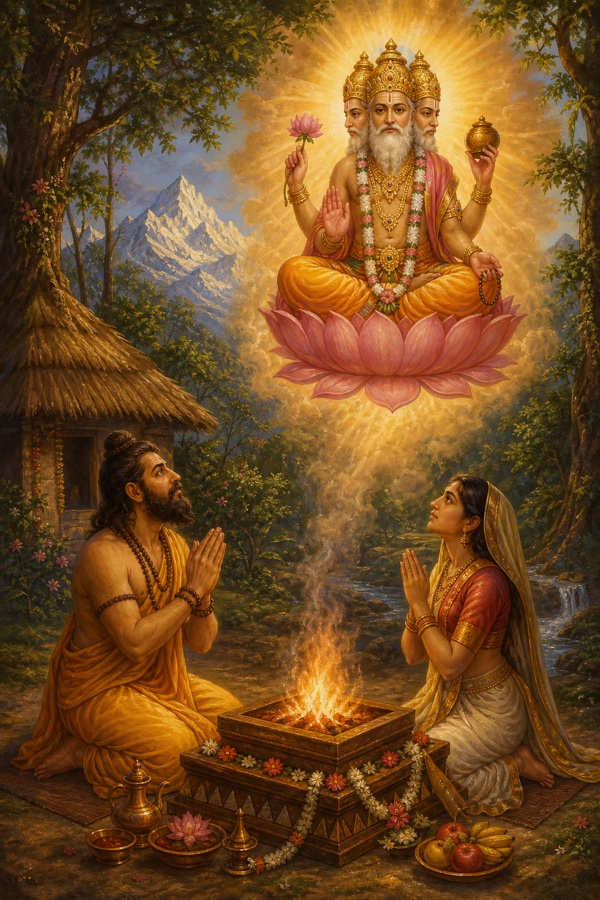 Painterly classical Indian color illustration of the rishi Indu and his wife kneeling with folded hands before a sacred fire altar in a forest clearing, while the four-armed creator Brahma, seated on a lotus amid radiant light, appears above to grant a boon; thatched hut and snow-peak behind; warm devotional palette, no text, no watermark.