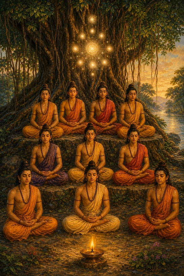 Painterly classical Indian color illustration of ten young ascetic brothers seated in deep meditation in a tiered arc beneath a vast banyan tree by a river, eyes closed in fierce tapas; a single oil lamp glowing in the foreground and a faint cluster of luminous spheres beginning to form in the air above them; serene golden light, no text, no watermark.