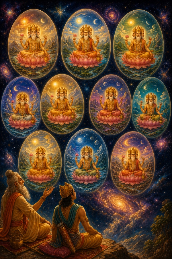 Painterly classical Indian color illustration of ten luminous oval cosmic eggs floating in deep starry space, each holding a four-armed Brahma seated on a lotus presiding over his own separate cosmos with its own sky, sun, moon, mountains and rivers; jewel-toned nebula background conveying ten parallel creations existing side by side, dignified, no text, no watermark.
