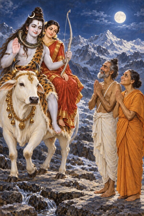 On moonlit Kailasa, Shiva rides his white bull with Uma and blesses Indu and his wife, who gaze up with joined palms.